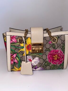 Gucci Beige Trim GG Supreme Floral Satchel with Multicolor Blooms